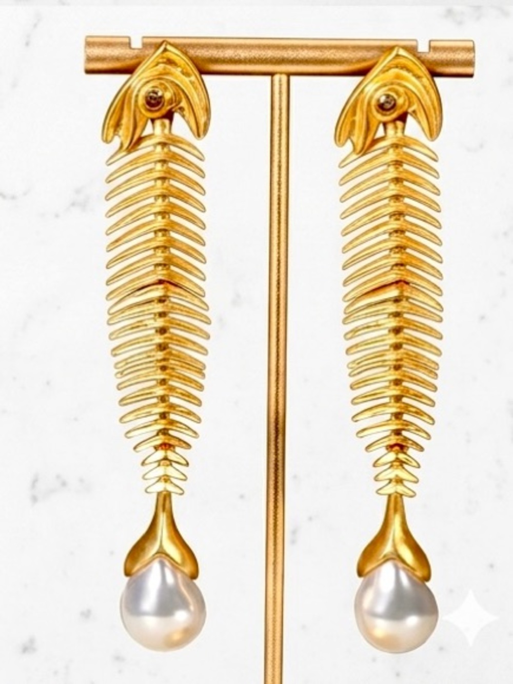 Vintage Imitation Pearl Gold Fishbone Drop Earrings - Picture 2 of 6